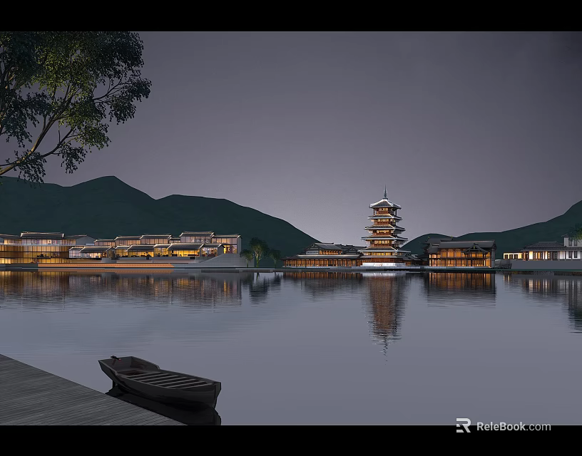 Traditional Ancient Architecture Featuring Pagoda And Mountain Lake Reflection With Boat 3d model 