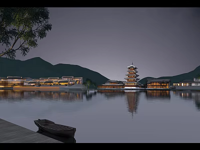 Traditional Ancient Architecture Featuring Pagoda And Mountain Lake Reflection With Boat 3d model