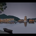 Traditional Ancient Architecture Featuring Pagoda And Mountain Lake Reflection With Boat