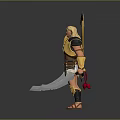 Ancient Warrior Man In Golden Armor Holding Spear And Two Swords Standing On Grey Background