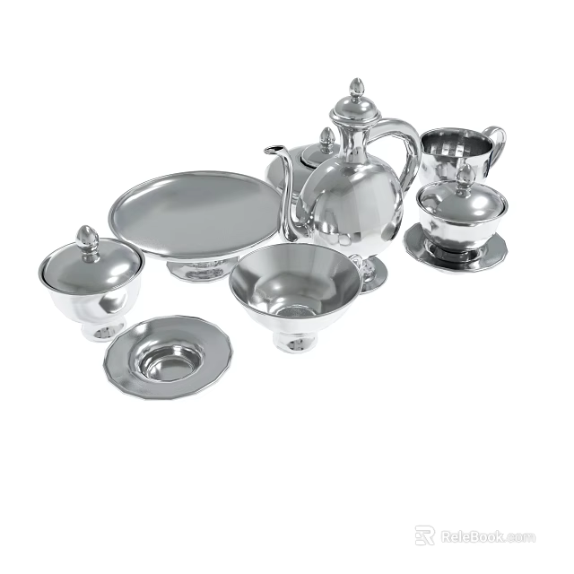 Shiny Silver Tea And Tableware Serving Set With Teapot Tray Bowls And Lids 3d model