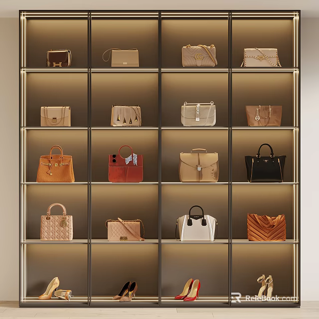 Luxury Fashion Bags Display on Shelves with Various Styles and Colors 3d model 