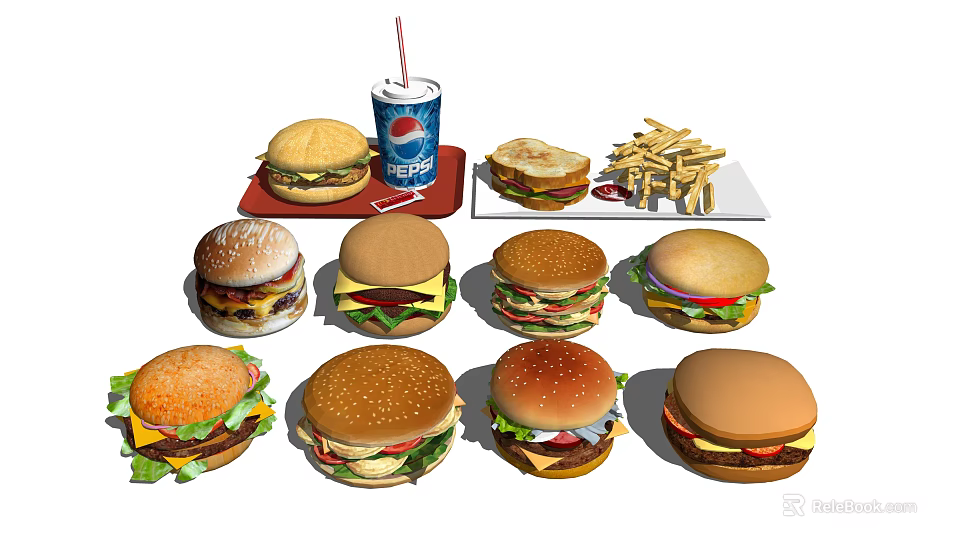 Assorted Juicy Burgers With Crispy Fries And Pepsi Cola On Serving Trays 3d model 