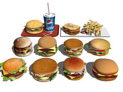 Assorted Juicy Burgers With Crispy Fries And Pepsi Cola On Serving Trays 3d model
