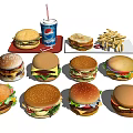 Assorted Juicy Burgers With Crispy Fries And Pepsi Cola On Serving Trays