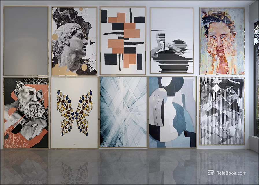Gallery Wall With Various Art Paintings Abstract Geometric And Portrait Designs 3d model 