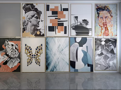 Gallery Wall With Various Art Paintings Abstract Geometric And Portrait Designs 3d model