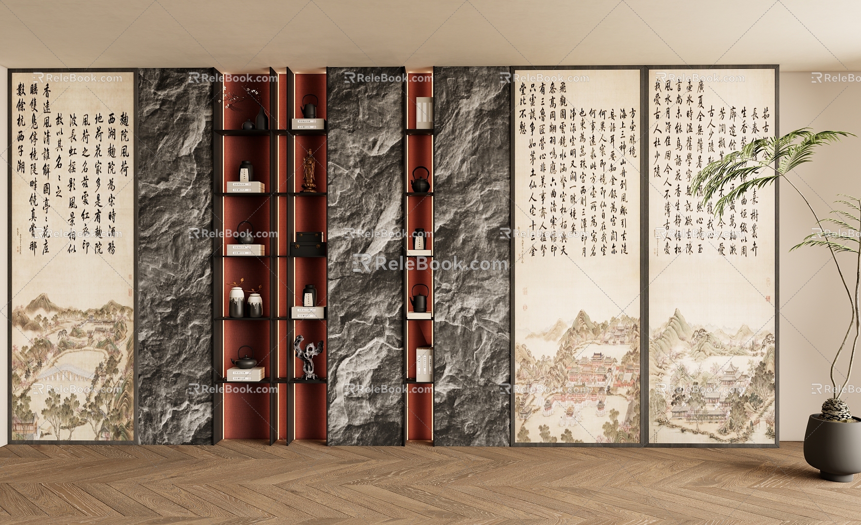 New Chinese-style decorative bookcase bookcase background wall 3d model