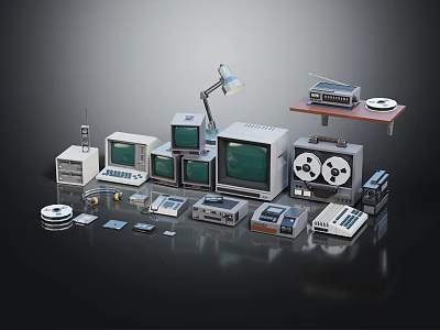 Vintage Electronic Appliances Display With Old Computers Monitors Tape Recorders And Retro Devices 3d model