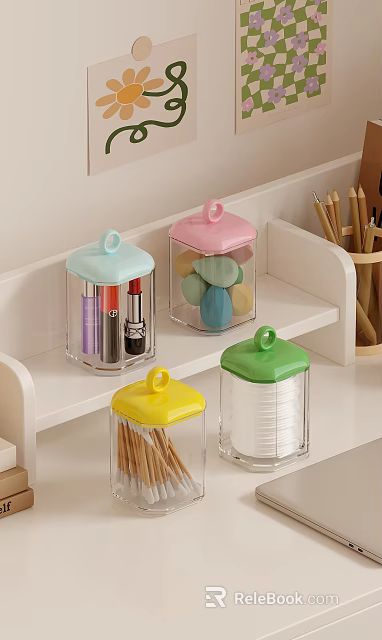 Transparent Storage Jars With Colorful Lids Holding Lipsticks Beauty Sponges And Tissues On White Shelf 3d model 
