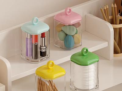 Transparent Storage Jars With Colorful Lids Holding Lipsticks Beauty Sponges And Tissues On White Shelf 3d model
