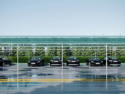 Modern Carport Canopy Covering Multiple Parked Cars In Outdoor Parking Area With Greenery 3d model