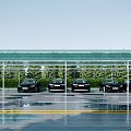 Modern Carport Canopy Covering Multiple Parked Cars In Outdoor Parking Area With Greenery