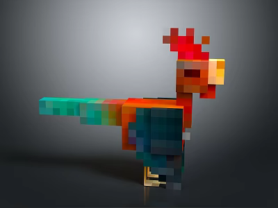 Colorful Pixel Art Rooster With Vibrant Red Comb And Multi Colored Feathers 3d model