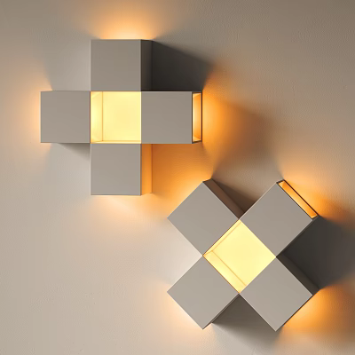 Modern Geometric Gray Wall Lamps with Warm Yellow Lighting Mounted on White Wall 3d model