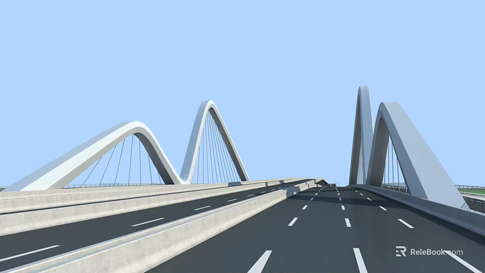 Modern Arched Bridge Structure With Road And Clear Blue Sky View 3d model