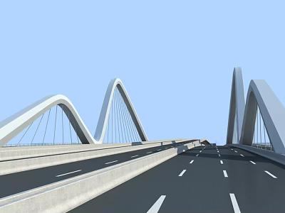 Modern Arched Bridge Structure With Road And Clear Blue Sky View 3d model