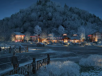 Snowy Night Mountain Landscape With Lit Buildings And Snow Covered Trees 3d model