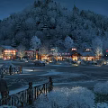 Snowy Night Mountain Landscape With Lit Buildings And Snow Covered Trees