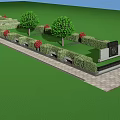 Lush Green Trees in Garden With Central Fountain Red Flower Beds And Stone Pathway