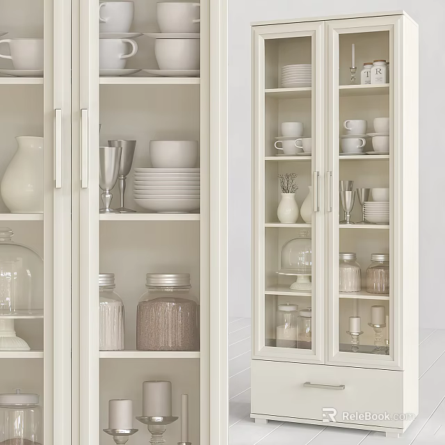 White Glass Door Sideboard With Plates Cups Vases Jars In Kitchen 3d model 