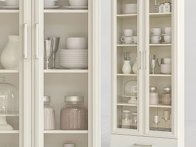 White Glass Door Sideboard With Plates Cups Vases Jars In Kitchen 3d model