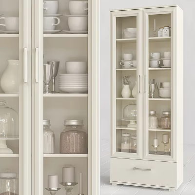 White Glass Door Sideboard With Plates Cups Vases Jars In Kitchen 3d model