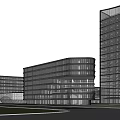 Modern Office Building Complex With Glass Walls Tall And Low Rise Structures And Greenery
