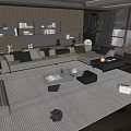 Modern Sofa And Coffee Table Set With Pillows Striped Rug Wooden Bookshelf And Green Plant
