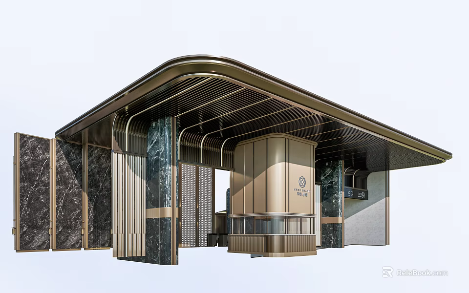 Luxurious Modern Entrance Gate With Curved Metal Roof Marble Columns And Architectural Details 3d model 