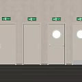 Four Doors With Green Exit Signs On Wall Different Designs Round Windows Handles Handrails