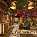 Charming Restaurant Interior With Pink Cherry Blossom Trees Red Lanterns And Colorful Tiled Flooring
