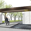 Elegant Entrance Gate Design With Marble Walls Wooden Canopy Trees And People Walking Nearby