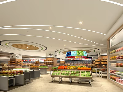 Well Lit Modern Supermarket Interior With Fresh Fruits Vegetables And General Merchandise Shelves 3d model