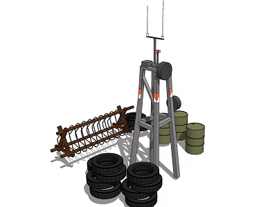 Industrial Equipment Setup With Tower Structure Stacked Tires Green Barrels And Spiral Conveyor 3d model