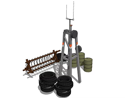 Industrial Equipment Setup With Tower Structure Stacked Tires Green Barrels And Spiral Conveyor 3d model
