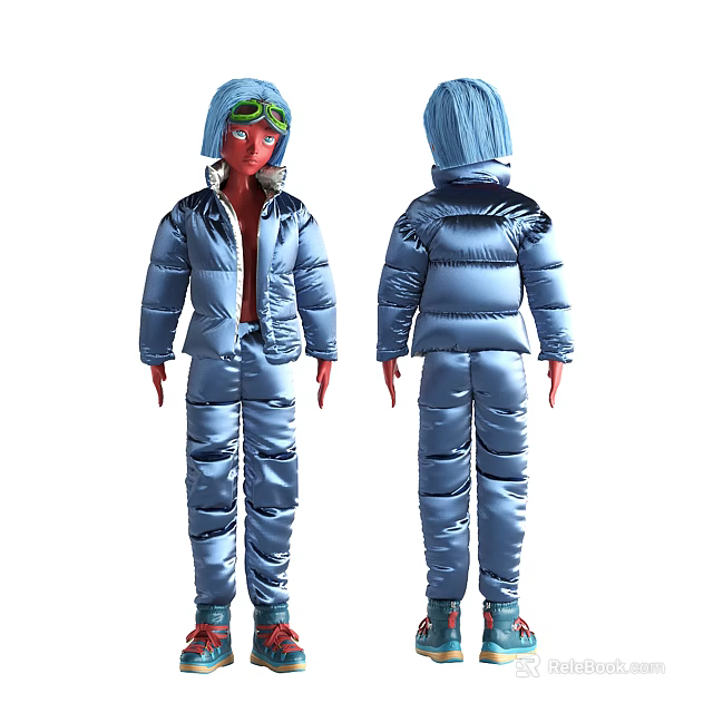 Model Wearing Blue Hooded Puffer Jacket And Matching Pants Front And Back Views 3d model