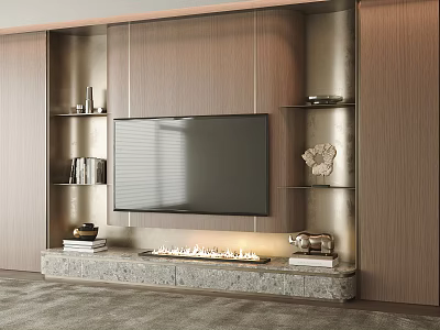Modern Elegant Living Room TV Background Wall With Wooden Panels Decorative Shelves And TV 3d model