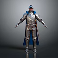 Game and Movie Character Warrior in Silver Armor with Blue Cape Standing Pose