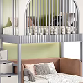 Modern Bunk Bed with Storage Stairs Lower Sofa Bed Pillows Light Green Frame Arched Railings