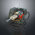 Mechanical Weapon with Metal Components Red Yellow Details 3D Rendered Industrial Design