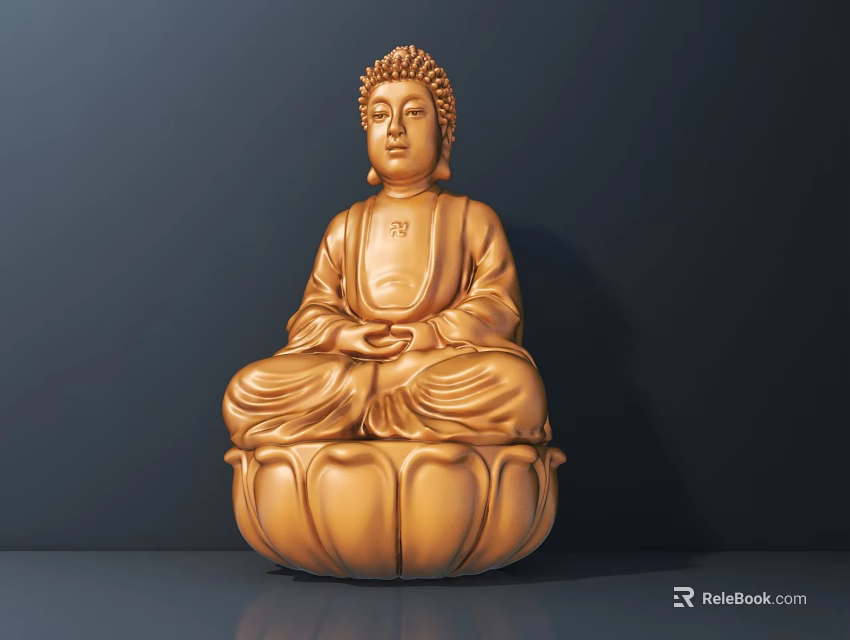 Golden Buddha Sculpture Featuring Serene Expression And Lotus Base Sitting Posture 3d model 
