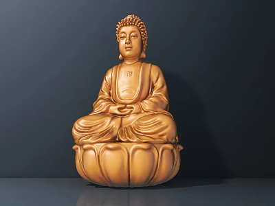 Golden Buddha Sculpture Featuring Serene Expression And Lotus Base Sitting Posture 3d model