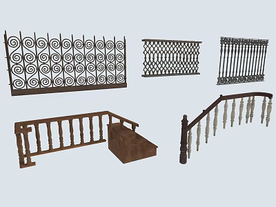 Different Types of Railings Featuring Wrought Iron Spiral Patterns Wooden Staircase and Lattice Designs 3d model