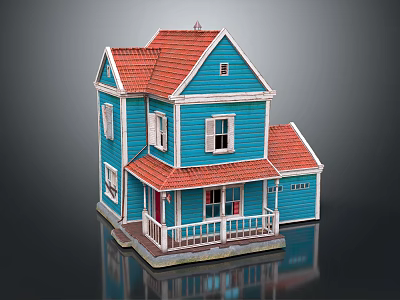 Two Story Blue Wooden House With Red Roof Front Porch Garage And Windows 3d model