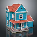 Two Story Blue Wooden House With Red Roof Front Porch Garage And Windows