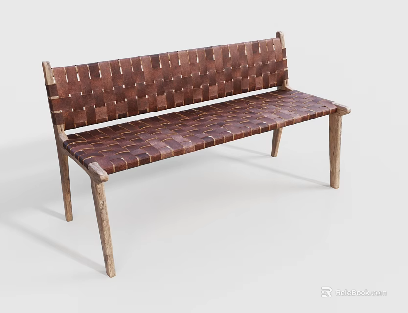 Rustic Wooden Frame Outdoor Bench With Brown Woven Seat And Backrest 3d model 