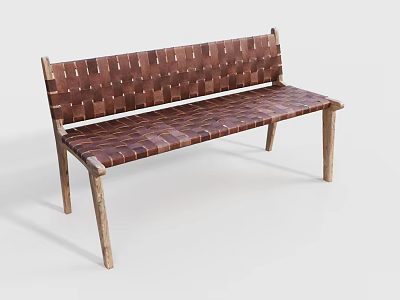 Rustic Wooden Frame Outdoor Bench With Brown Woven Seat And Backrest 3d model