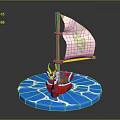Small Red Water Transport Boat With Yellow Character Green Mast White Sail And Green Leaf