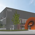 Orange Arched Entrance Gate Of Modern Audi Building With Metallic Grid Green Trees And People